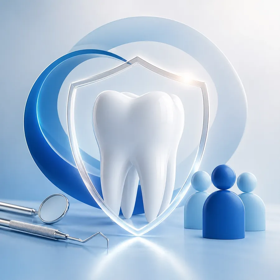 Dente protegido por um escudo transparente, ao lado de instrumentos odontológicos e de figuras que representam uma equipe