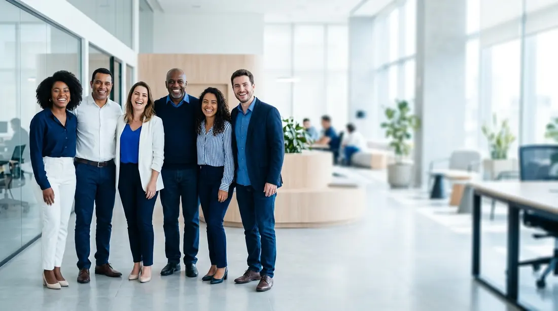 Equipe de funcionários de uma empresa sorrindo juntos no escritório
