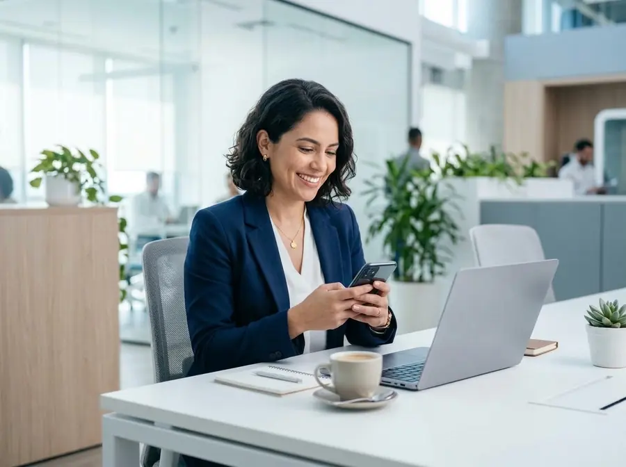 Executiva de relacionamento sorrindo enquanto responde uma mensagem no celular, na mesa do escritório